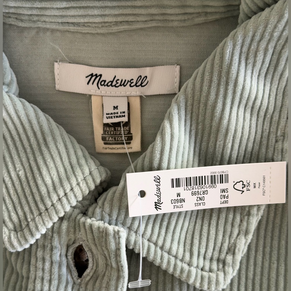 Madewell Corduroy long sleeve shirt in Sage Green size M NWT